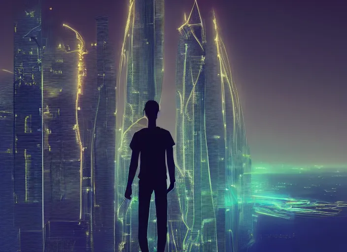 Image similar to closeup of a man [ standing on the pinnacle of the burj khalifa ]!!, holding a camera, viewing out into a [ futuristic cityscape ]!!, dusk atmosphere, digital art illustrated by max hay and greg rutkowski, [ 8 0 s neon art style ]!!, neon wallpaper!!, golden ratio!!, centered!!