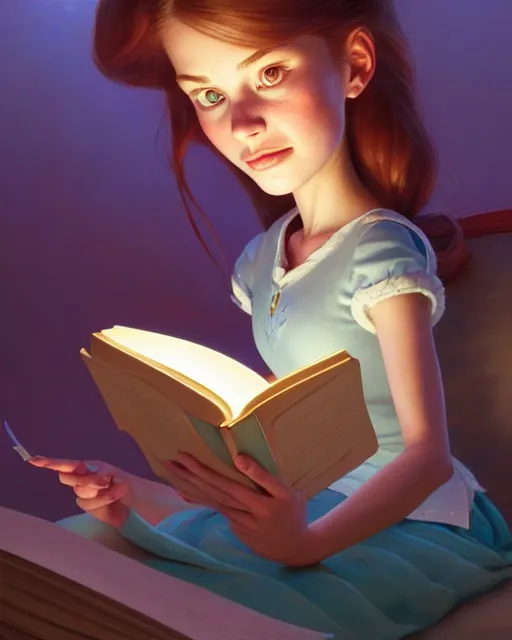 Image similar to highly detailed portrait of beautiful girl reading a book in toy story 3, dynamic pose, stephen bliss, unreal engine, fantasy art by greg rutkowski, loish, rhads, ferdinand knab, makoto shinkai and lois van baarle, ilya kuvshinov, rossdraws, tom bagshaw, global illumination, radiant light, detailed and intricate environment