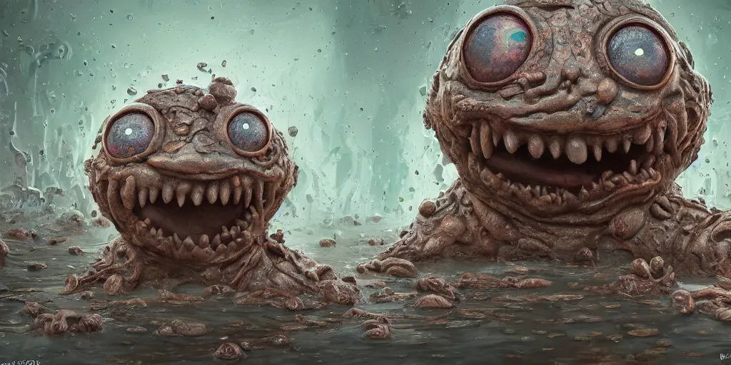 Image similar to of an intricate muddy water with strange cute friendly happy creatures with huge eyes, long tongue, round teeth and goofy funny face, appearing from the background, in the style of gehry and gaudi, macro lens, shallow depth of field, ultra detailed, digital painting, trending artstation, concept art, illustration, cinematic lighting, photorealism, epic, octane render