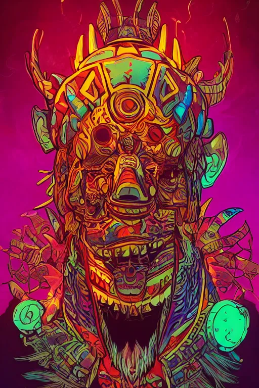 Image similar to totem animal tribal chaman vodoo mask feather gemstone plant video game illustration vivid color borderlands by josan gonzales and dan mumford radiating a glowing aura