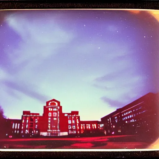 Prompt: Vintage analog poloroid of beautiful night at the University of Michigan, detailed clouds, warm azure tones, red color bleed, film grain