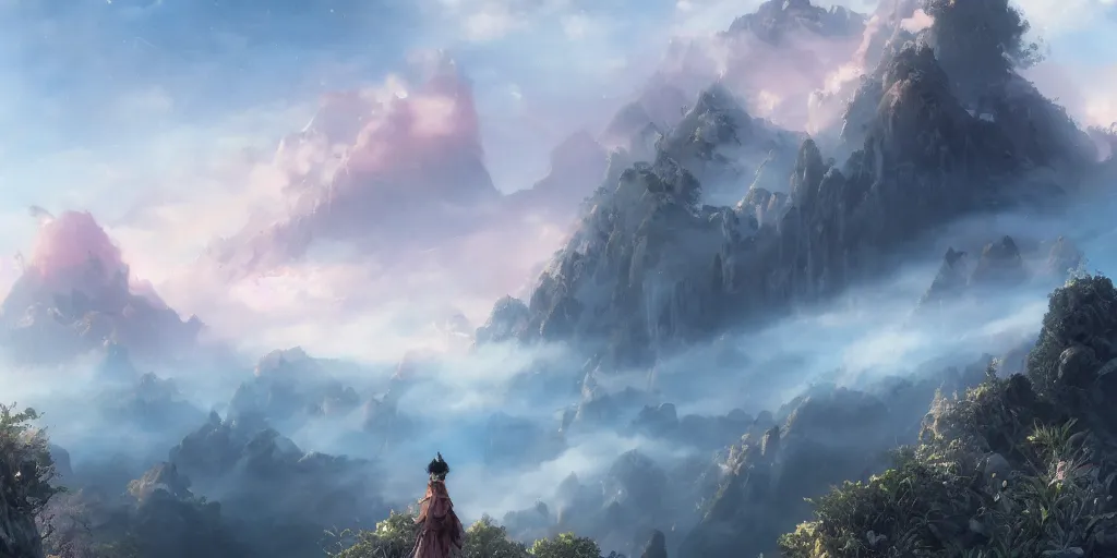 Prompt: a beautiful landscape of peach blossoms on the clouds, brilliant peaks, dense fog, early morning, by by yoneyama mai, trending on artstation, clouds, by wayne barlowe, peter mohrbacher, kelly mckernan, epic scene, 4 k, dark fantasy, environment, unreal engine 5, detailed