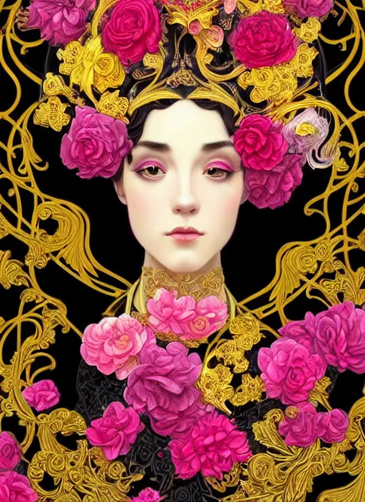 Prompt: beautiful black pink yellow, complicated gold and pink flowers in baroque style headwears, dark fantasy, intricate, elegant, highly detailed, digital painting, artstation, highly saturated colors, concept art, matte, 3 d 8 k octane rendered, sharp focus, illustration, octane rendered, art by artgerm and alphonse mucha, leesha hannigan