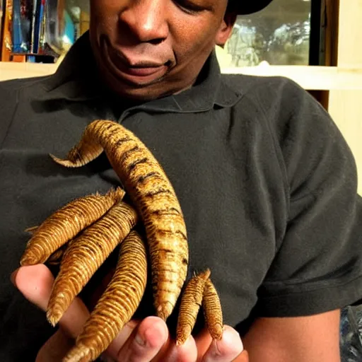 Image similar to john coltrane snuggling a giant mealworm