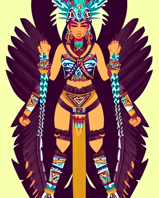 Prompt: character design, aztec warrior goddess with beautiful woman face, crown of very long feathers, full body, glowing aztec tattoos, beautiful, dark fantasy