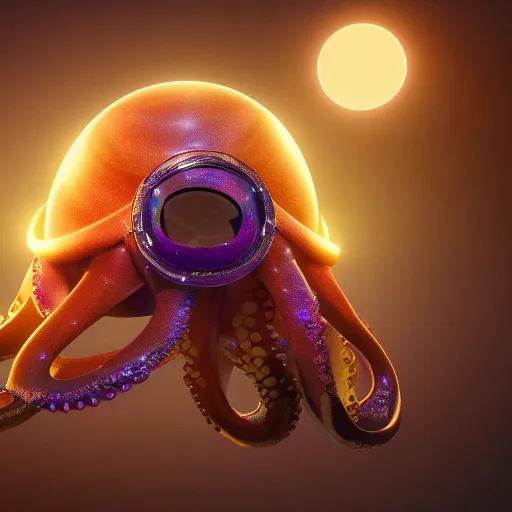 Image similar to a stunning rendition of an octopus wearing a space helmet, LED visor, hyperrealistic, octane render, pearlescent skin, floating in space