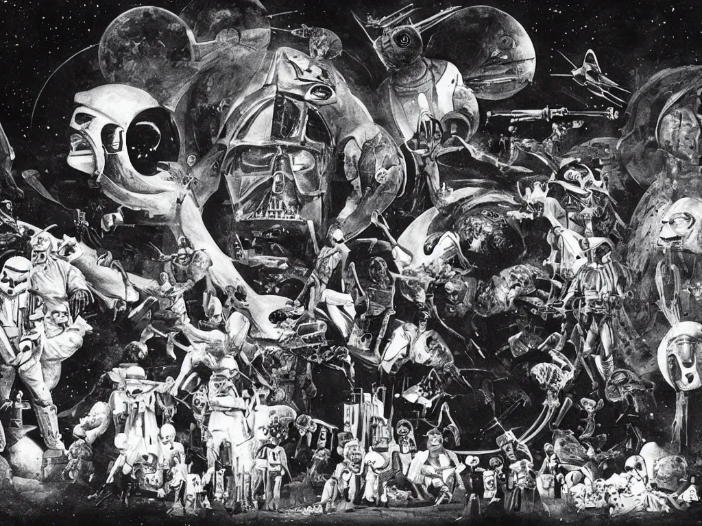 Prompt: A Scene from Star Wars as directed by Georges Méliès