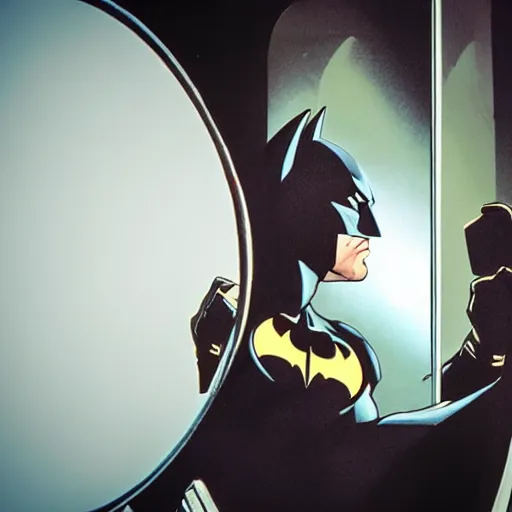 Image similar to batman taking a selfie in a bathroom mirror