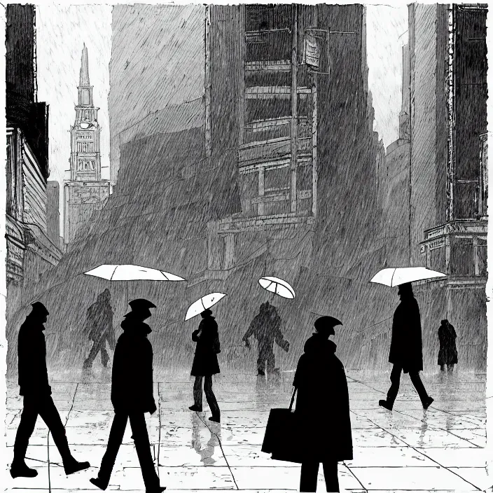 Image similar to sales stall selling umbrellas, in a square, pedestrians walk past. background of old soviet monument. storyboard, scifi cyberpunk. by gabriel hardman, joe alves, chris bonura. cinematic atmosphere, detailed and intricate, perfect anatomy