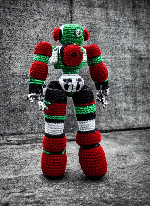 Image similar to a crochet mecha, realistic, no cropping, full body, Sigma 50 mm f/1.4