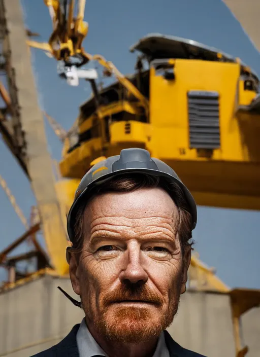 Image similar to closeup portrait of mecha bryan cranston with construction crane, yellow hardhat, natural light, bloom, detailed face, magazine, press, photo, steve mccurry, david lazar, canon, nikon, focus