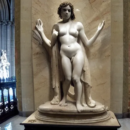 Image similar to mila kunis as a marmor statue by michelangelo, church background