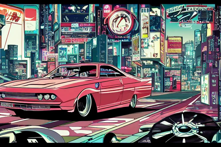 Prompt: 1965 Vector W8 Twin Turbo, city in anime cyberpunk style by Hayao Miyazaki