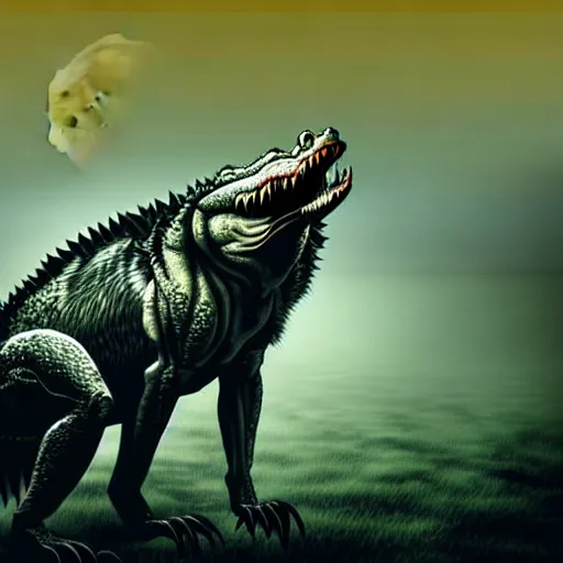 Prompt: Crocodile chimera prowling a fog covered swamp, snout and ears of a wolf, yellowish full moon