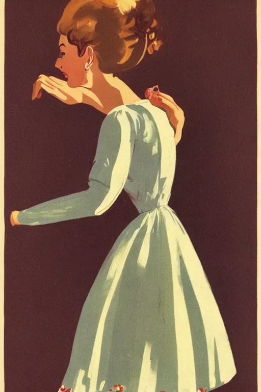 Image similar to beautiful slim and shapely young woman, elegant look, peasant dress, 1960\'s soviet propaganda art