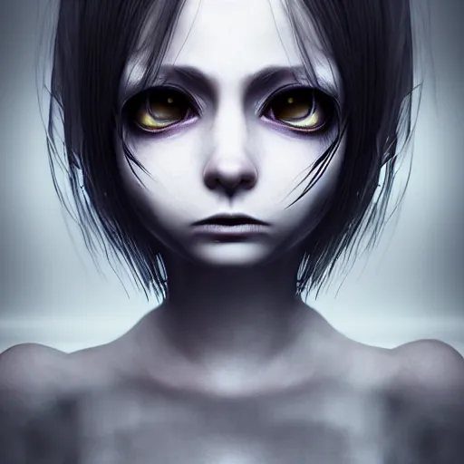 Prompt: photorealistic full shot portrait of angry darkness anime girl, dark look, inspired by Tim Burton, detailed, unreal engine 4k volumetric light, fog,