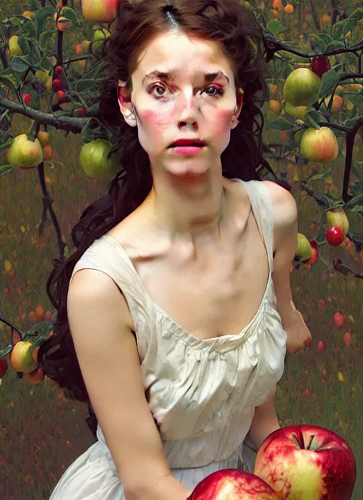 Image similar to symmetry!! portrait of young woman cursed with ever - increasing intelligence beauty and virtue, slice - of - life, realism, in apple orchard!! intricate, elegant, highly detailed, digital painting, artstation, concept art, smooth, sharp focus, illustration, art by artgerm and greg rutkowski and alphonse mucha