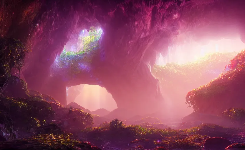 Image similar to a beautiful and stunning digital render of a humongous opal cave, dimly glowing crystals, vines, haze, waterfall, volumetric lighting, photorealistic, red sky, sunset, unreal engine 5, ultra detail, trending on artstation