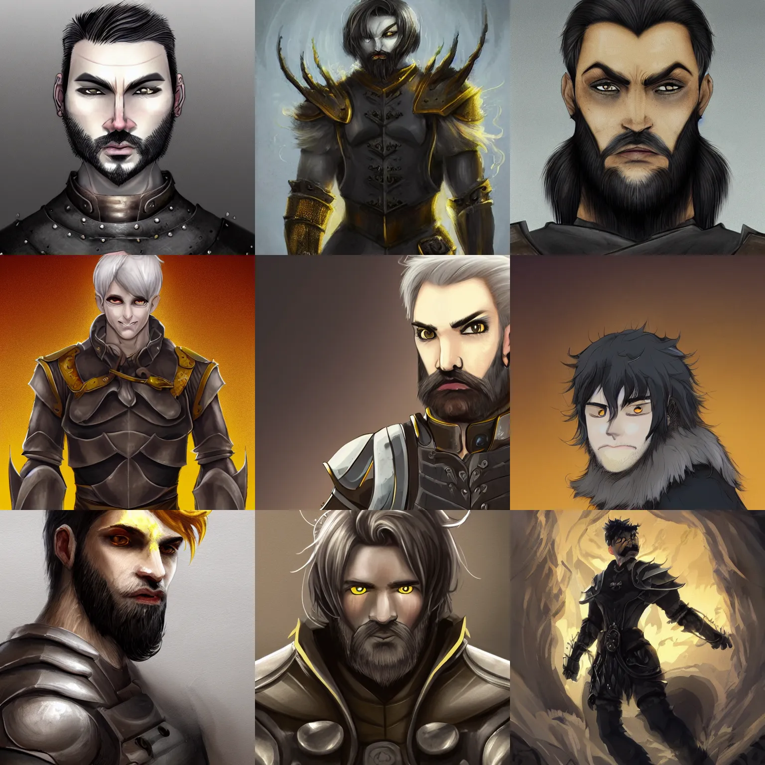 Prompt: Photo of the character with pale ash-colored skin, yellow cat-eyes with vertical pupils, black thick hair with a touch of gray to the shoulders, with neat stubble, similar to a small beard and with a strong build. He wore a plain old shirt, with a light leather armor, male, elegant, digital fantasy art, hands straight down, insane, under light, at late evening by greg rutkowski and thomas kinkade, Trending on artstation