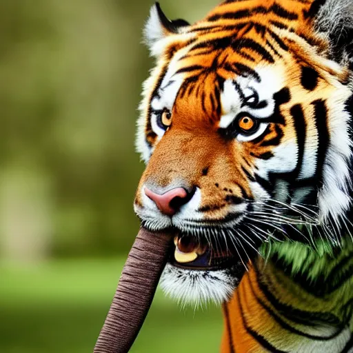 Prompt: portrait photo still of tiger with an elephant trunk!!!. 8 k, 8 5 mm f 1. 8