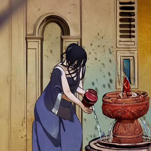 Prompt: an anime waifu in a greek attire pouring water out of a vase into a fountain, spanish alleyway