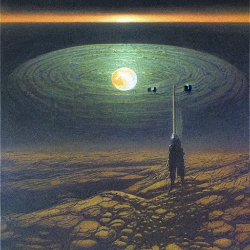 Image similar to nuclear blast moon eclipse, sci - fi, wet brush, poster art, concept art by beksinski and jean delville, illustrated in the style of iain mccaig