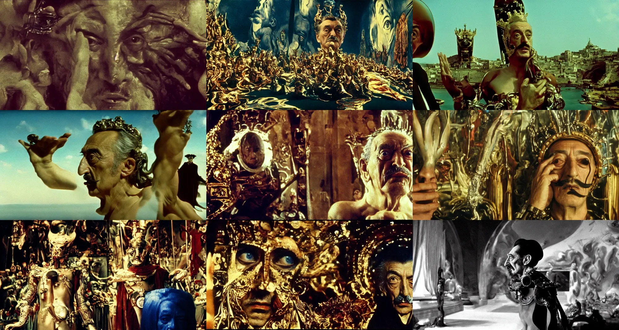 Prompt: the long shot of salvador dali as emperor of universe | still frame from the movie by ridley scott with cinematogrophy of christopher doyle and art direction by hans giger, anamorphic lens, 8 k, masterpiece