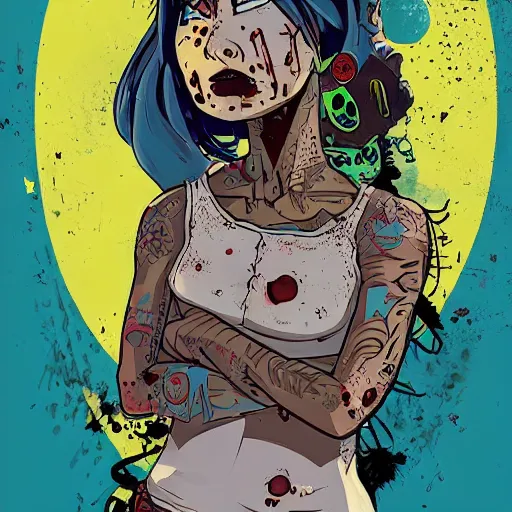 Image similar to Highly detailed portrait of a punk zombie latino young lady with freckles by Atey Ghailan, by Loish, by Bryan Lee O'Malley, by Cliff Chiang, inspired by iZombie, inspired by graphic novel cover art !!!electric blue, brown, black, yellow and white color scheme ((grafitti tag brick wall background))