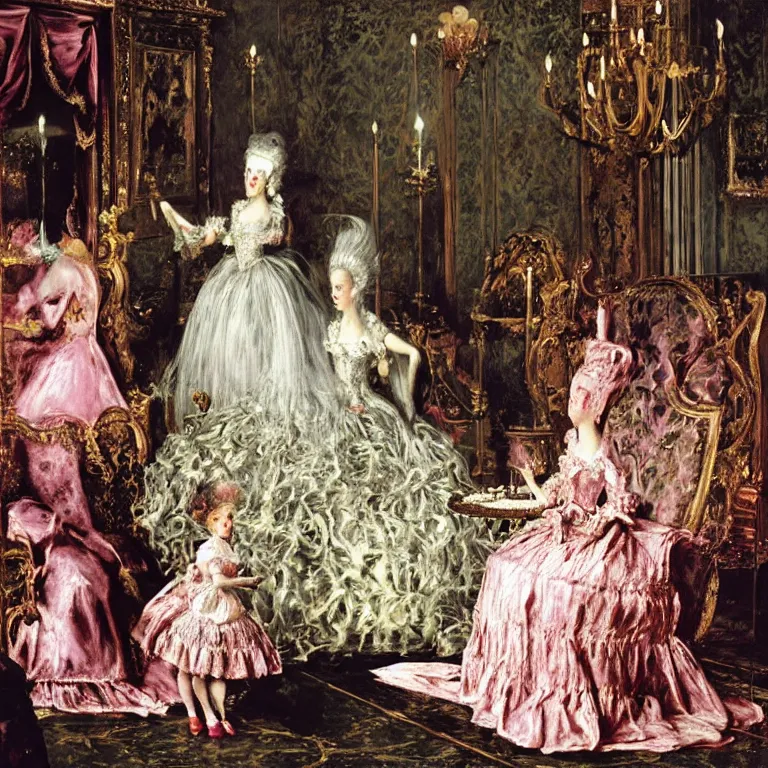 Prompt: Marie Antoinette cutting a pink cake. By El Greco, Remedios Varo, Salvador Dali, Carl Gustav Carus, John Atkinson Grimshaw.
