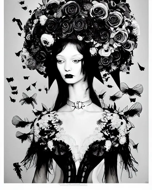 Image similar to dreamy surreal poetic black and white lithography of a beautiful young porcelain female-cyborg-vegetal with a very long neck and a super big gothic lace collar filled with dead flies and a very high big floral crown with many black dry roses by Vivienne Westwood:: smoke, high fashion, haute couture, rococo, avant-garde, elegant, dreamy, hyper realistic, 150 mm lens, soft rim light, octane render, unreal engine, volumetric lighting, dramatic light,8k,