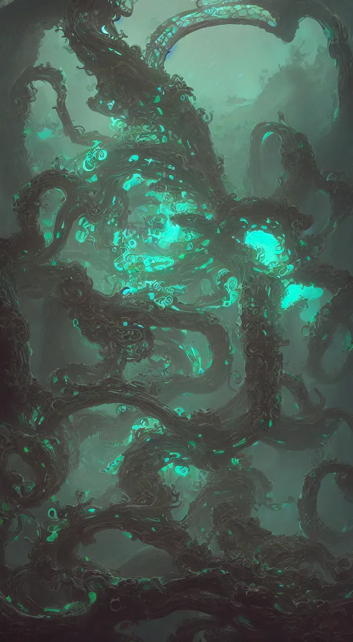 Image similar to bioluminescent tentacle temple, artstation