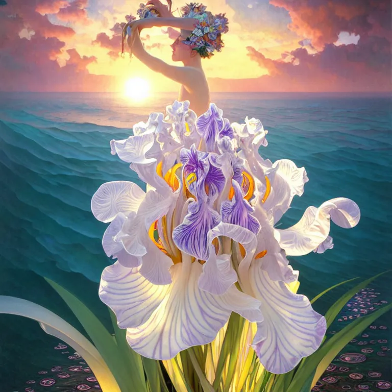 Image similar to detailed giant white holographic orchid iris hybrid flower surrounded by ocean waves, lsd water, lsd ripples, droplets, backlit, sunset, refracted lighting, art by collier, albert aublet, krenz cushart, artem demura, alphonse mucha