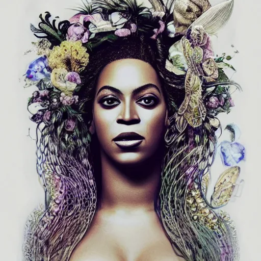 Image similar to portrait of Beyonce as a young pretty woman in flowing dress, arrogant, mysterious, long fine flowing hair, delicate, looking at camera, realistic face, intricate, stylish, elegant, grimdark, flowers, extremely detailed photograph by Martine Johanna and Ernst Haeckel and Greg Rutkowski