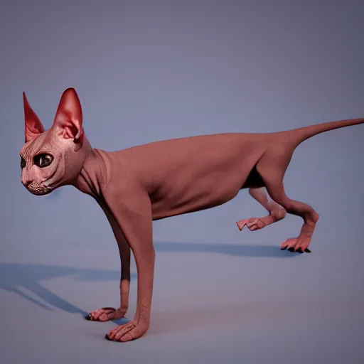 Prompt: Sphynx cat standing like a man, with pectoral muscles, wearing a fabric jacket, long tattoos on her hands, 3d render