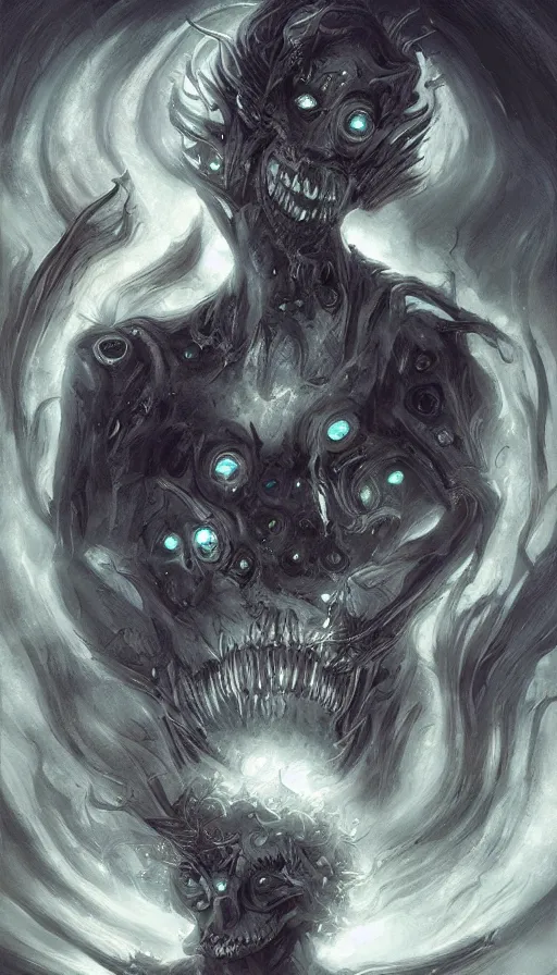 Image similar to a storm vortex made of many demonic eyes and teeth, by charlie bowater