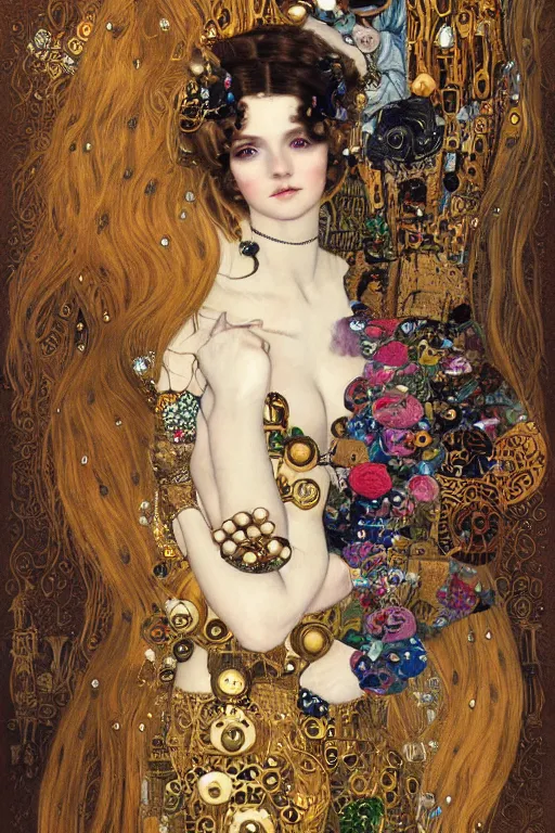 Prompt: beautiful young maiden, steampunk, highly detailed, artstation, illustration, art by Gustav Klimt