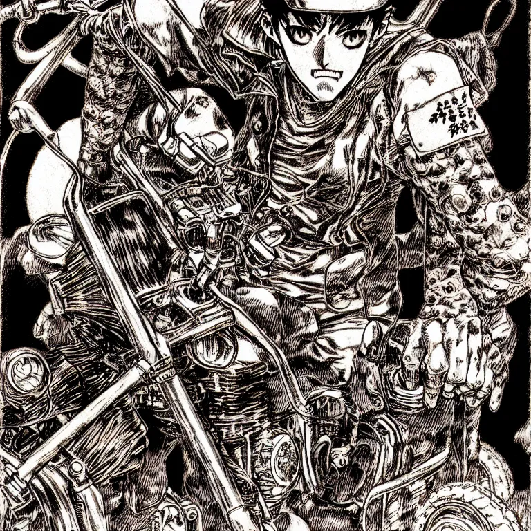 Image similar to motorbiker from hell, manga style of kentaro miura, by norman rockwell, weirdcore