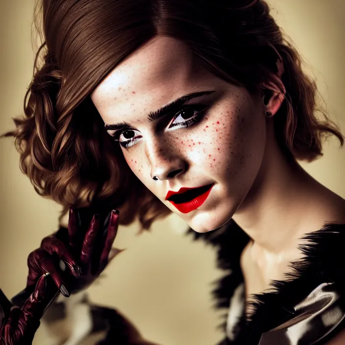 Prompt: photographic portrait face of Emma Watson as Cruella Devil, high light on the left, illuminated by a dramatic light, Low key lighting, light dark, High constrast, dramatic , Steve Mccurry, Greg Rutkowski, Alphonse Mucha, high quality, photo-realistic, four fingers maximum ,8K