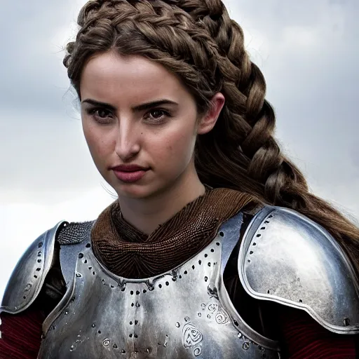 Prompt: head and shoulders portrait of a female knight, ana de armas, breastplate, celtic braid, face detail, extremely detailed, cinematic still