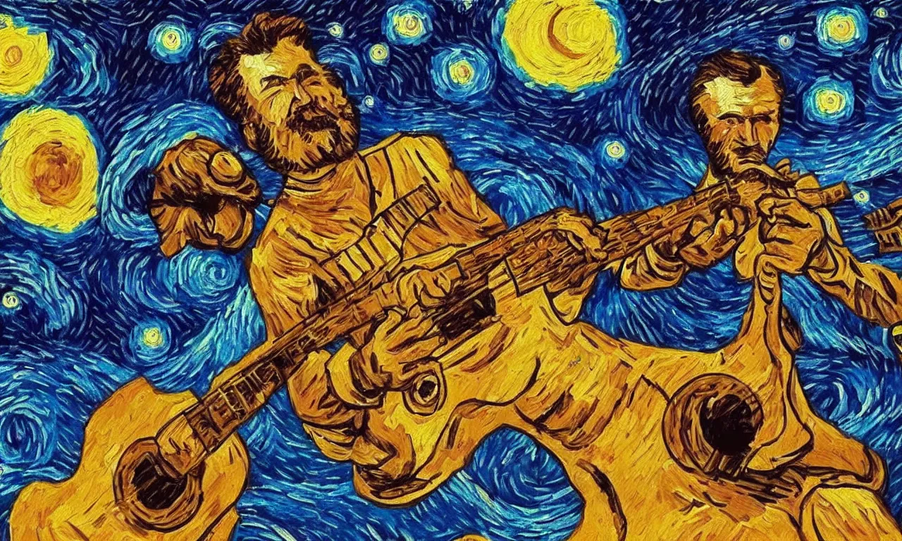 Prompt: 'high definition cg painting of a soviet cosmonaut playing the guitar in the style of van gogh's starry night'