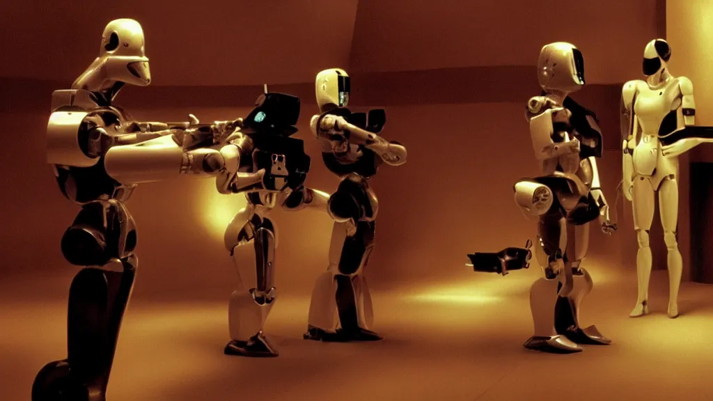 Prompt: movie scene of pulp fiction but with robots, movie still, cinematic composition, cinematic light, by david lynch