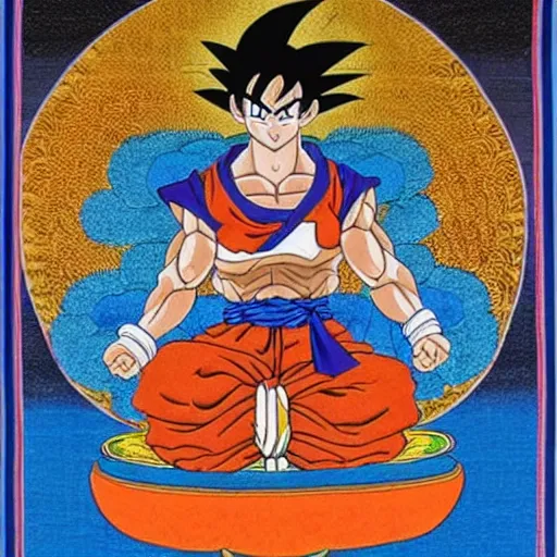 Prompt: Goku depicted in a Thangka art painting