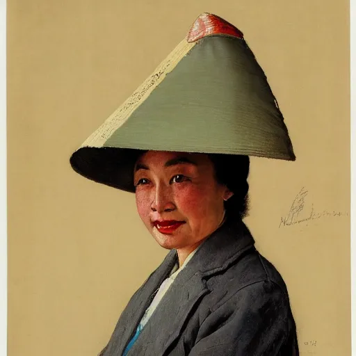 Prompt: frontal portrait of a woman wearing an asian conical hat, by norman rockwell