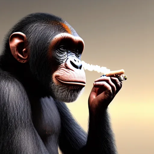 Image similar to a high detail shot of a chimp wearing a suit, smoking, unreal engine