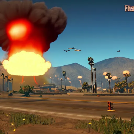 Image similar to nuclear explosion, huge mushroom cloud, grand theft auto 5 screenshot