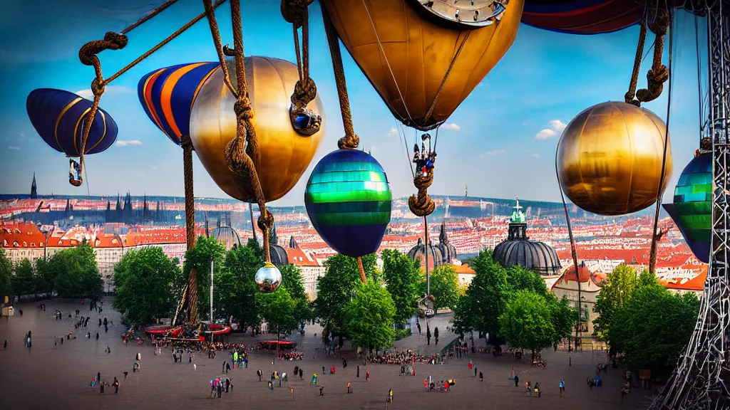 Image similar to large colorful futuristic space age metallic steampunk steam - powered balloons with pipework and electrical wiring around the outside, and people on rope swings underneath, flying high over the beautiful prague city landscape, professional photography, 8 0 mm telephoto lens, realistic, detailed, photorealistic, photojournalism