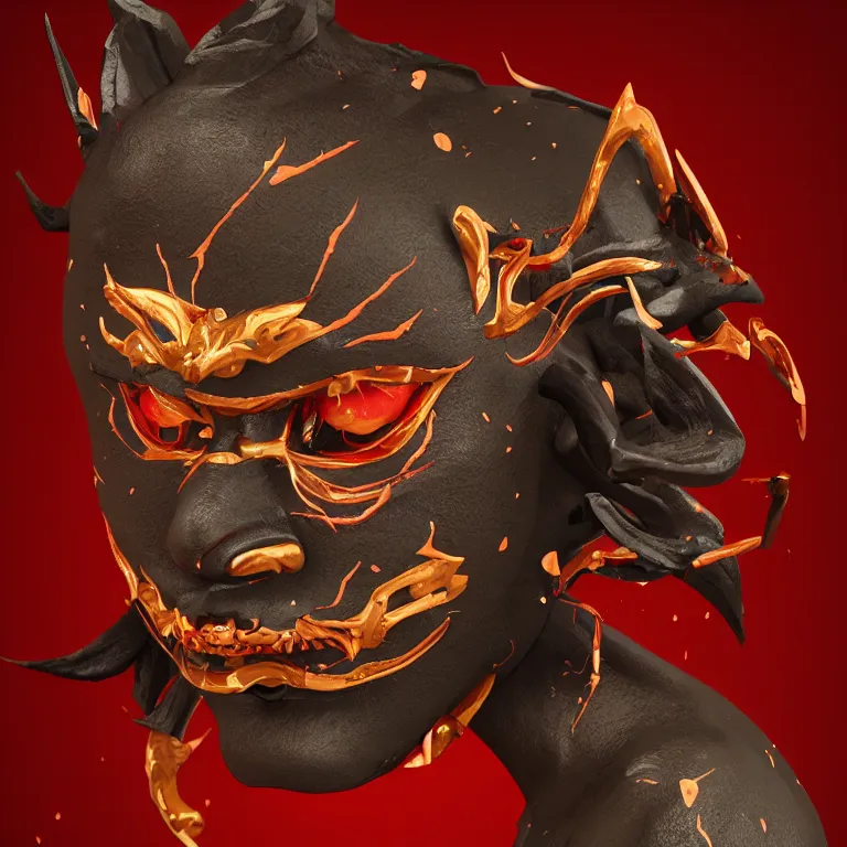 Image similar to a black hannya (般若) mask, kintsugi, ornate, details, smooth, sharp focus, illustration, realistic, cinematic, artstation, award winning, rgb , unreal engine, octane render, cinematic light, macro, depth of field, blur, red light, 8K,