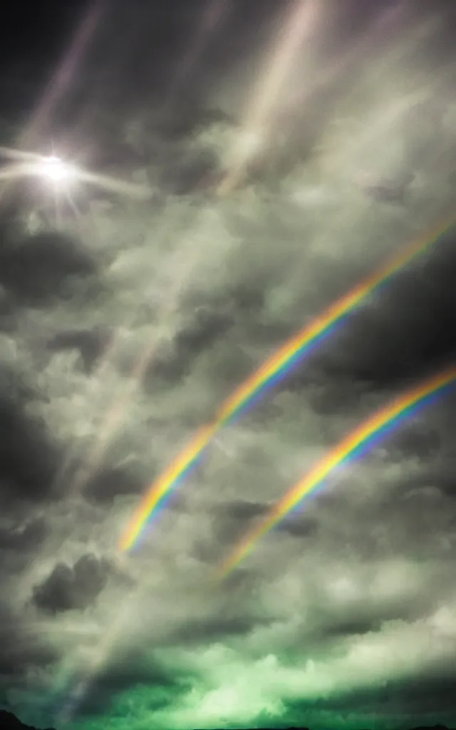 Prompt: dark night dramatic airbrushed clouds over black background, dim rainbow with ring shape in the distance, light gleams and beams, little green flares, photography fantasy, realistic