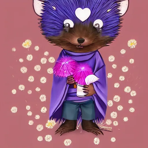 Image similar to adorable hedgehog in a kimono, holding a purple dandelion, art, digital art