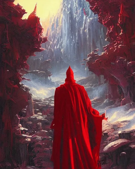 Image similar to a fantasy painting with a wizard in red robes in the foreground of a surreal environment by greg rutkowski and michael whelan